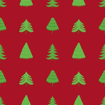 Chrisrtmas tree flat seamless pattern. Pines and fir trees pattern on red background vector