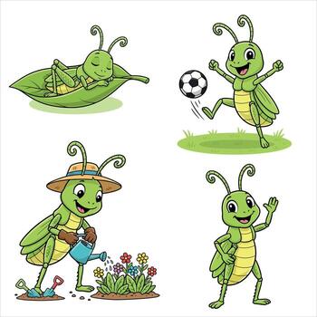 Cartoon grasshopper character set doing different activities vector