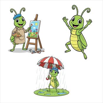 Cartoon grasshopper character set in different situations vector