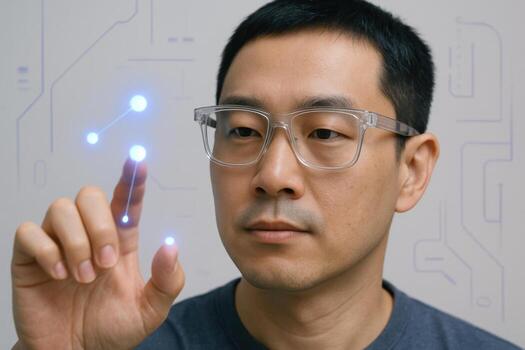 Focused man interacting with futuristic virtual interface using glowing holographic elements and advanced digital technology photo