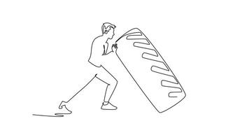 själv teckning animering enda linje dra ung man är intensivt vända stor däck under funktionell Träning träna, rå styrka, kraft, och kondition rutin. kontinuerlig linje. full längd animerad video