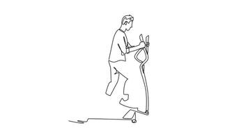 animerad själv teckning av kontinuerlig linje dra aktiva man är intensivt arbetssätt ut på elliptisk maskin, illustrerar konditionsträning uthållighet, stadig hela kroppen kondition rutin. full längd ett linje animering video
