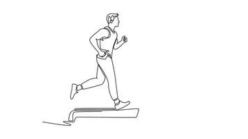 Animated self drawing of continuous line draw young man is intensely running on treadmill, mid-stride and focused, cardiovascular endurance, dynamic fitness training. Full length single line animation video