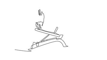 Animated self drawing of continuous line draw young man is performing a dumbbell press on an incline bench, illustrating strength, focus, and intense chest training. Full length single line animation video
