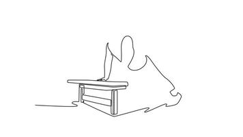 animerad själv teckning kontinuerlig linje dra attraktiv man är utför lutning tryck upp använder sig av vikt bänk, illustrerar bröst styrka och fokuserade övre kropp träna. full längd ett linje animering video