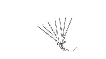 Animé soi dessin de continu ligne dessiner la personne est parapente, suspendu sous pleinement gonflé chute et en volant avec tendu bras. liberté de extrême sport. plein longueur un ligne animation video