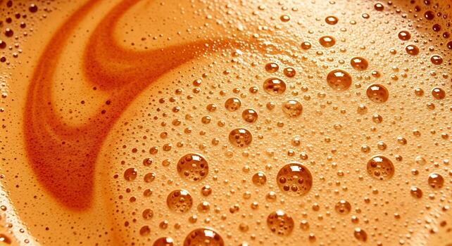 Close up macro view of amber colored liquid with swirling patterns and small bubbles photo
