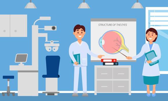 Optometrists discussing eye anatomy vector