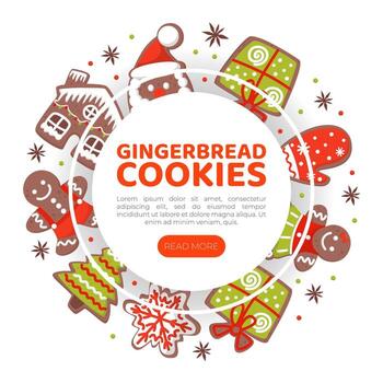 Gingerbread cookies landing page. Christmas and New Year holidays web banner, website with gingerbread cookies pattern cartoon vector