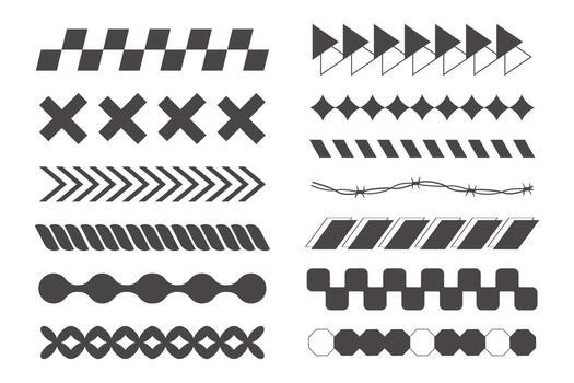 Y2k geometric elements border set, heart with flame, barbed wire divider. Groovy cyber retro design elements. vector