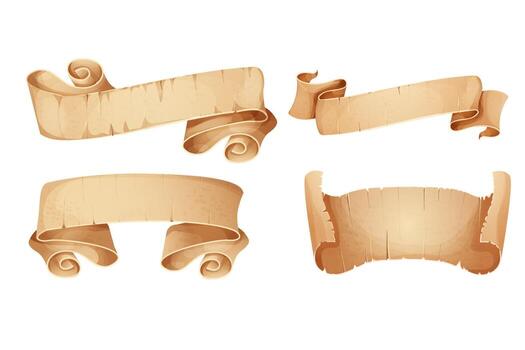 Parchment paper set scroll ribbon, old vintage banner game ui element in cartoon style isolated on white background. vector