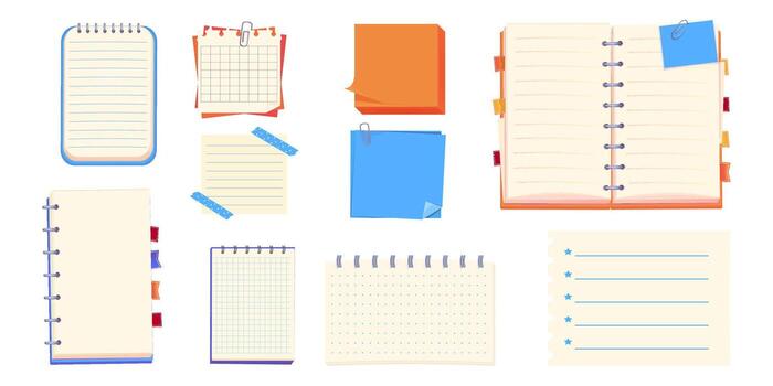 Sticky stickers reminders, notebook clippings, stationery, planner, Notes sheet, pages. bulletin paper, lined list set, notebook office or school blank notebook for homework and exercises. vector