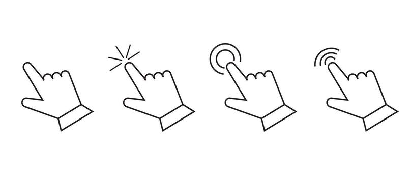 Cursor arrow hand pointer, click here mouse load symbol. Pointer cursor and loading icon. Cursors icons click set. Touch screen symbol, pointer sign and symbol. vector