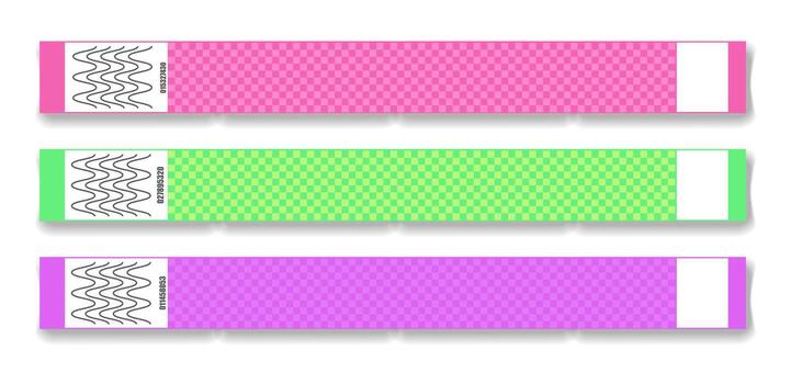 pulsera esposas conjunto evento acceso. burlarse de arriba papel mano banda. pegajoso mano Entrada evento papel pulsera aislado en un transparente antecedentes. vector