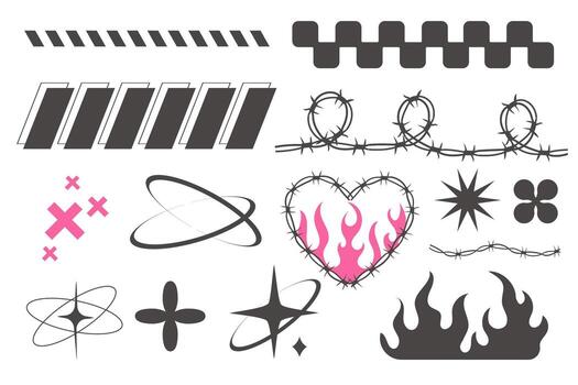 y2k geométrico elementos de moda colocar, corazón con fuego, mordaz cable, cuadrícula modelo. maravilloso rosado y gris ciber retro diseño elementos. vector