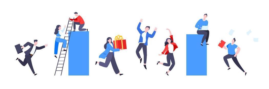 Teamwork concepts with tiny people characters working together business concept elements set. vector