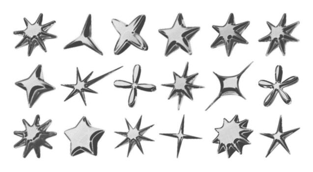 Y2k 3d chromes halftone star shape retro abstract element illustration set vector