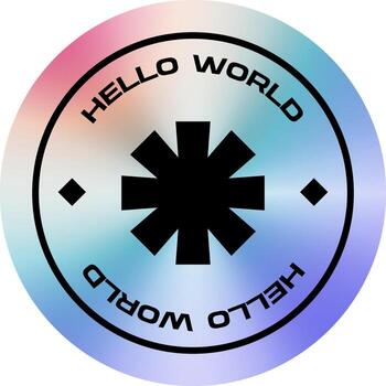 Hello World star badge holographic sticker. Y2K aesthetic futuristic stamp with a chrome gradient for tech or coding-themed designs. vector