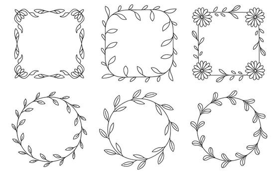 Elegant floral frames collection with leaf and flower design perfect for invitations and graphic designs featuring various shapes and styles vector