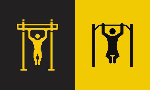Two stylized figures performing pull ups on parallel bars against a split yellow and black background vector