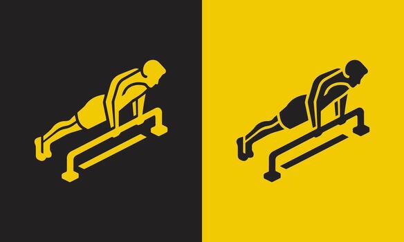 Athletic man performing a dip exercise on parallel bars in a split yellow and black background vector