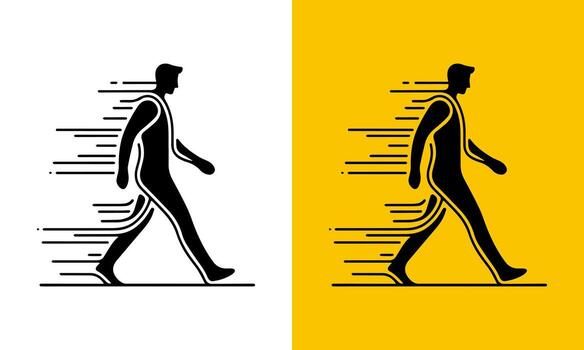 Dynamic silhouette of a person walking with motion blur effect on white and yellow backgrounds vector