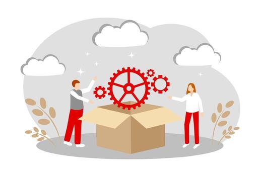 The concept of teamwork, a new idea, a business strategy, fixing and debugging systems. People and Gears vector