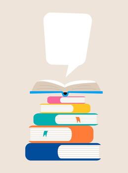 Stack of books and open book with speech bubble. Colorful illustration vector