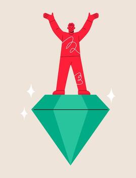 Man stand on precious high value diamond. Value proposition concept. Colorful illustration vector