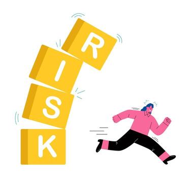 Business woman runs to avoid the blocks that are about to collapse. Avoid high risks. Flat illustration isolated on white background vector