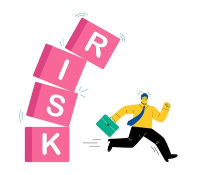 Business man runs to avoid the blocks that are about to collapse. Avoid high risks. Flat illustration isolated on white background vector