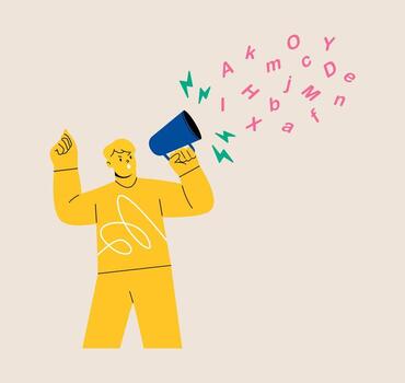 Man with megaphone and shout with alphabet letters. Colorful illustration vector