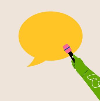 Hand holding microphone with speech bubble dialog box. Colorful illustration vector