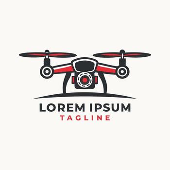 Front-Facing Drone Logo Red and Black Two-Rotor Emblem with Central Camera and Curved Motion Line vector