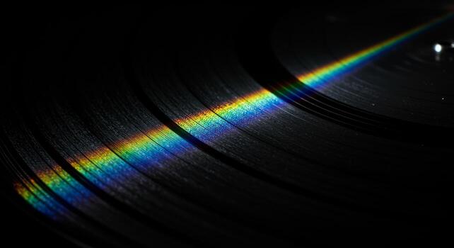 Close-up of a vinyl record with rainbow reflection photo