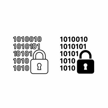 A black and white illustration of a padlock and binary code vector