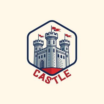 Triple Tower Castle Logo Hexagonal Emblem with Red Flags, Arched Gate, and Medieval Fortress Design vector