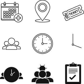 A Collection of Essential Icons Representing Time Location and Organization vector