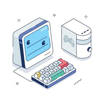 Modern isometric gaming PC with monitor and console for entertainment vector