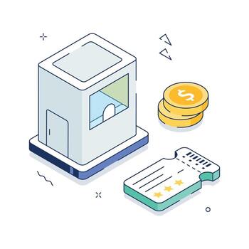 Isometric illustration of a ticket counter with coins and tickets, ideal for event, cinema, or game concepts vector