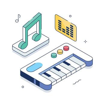 Isometric music keyboard illustration with notes and sound equalizer vector