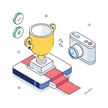 Trophy and podium representing success, achievement, and competition, isometric illustration vector