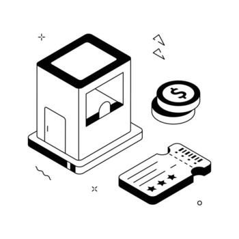 Isometric illustration of a ticket counter with coins and tickets, ideal for event, cinema, or game concepts. vector