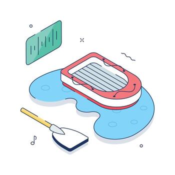 Isometric rafting illustration with inflatable boat and paddle vector