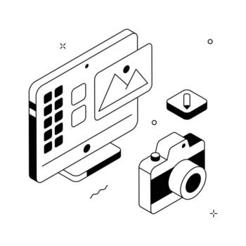 Isometric photo editing illustration featuring computer and camera for creative design. vector