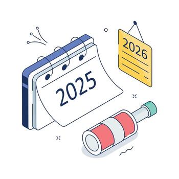 Calendar switching from 2025 to 2026 symbolizing New Year transition, isometric illustration vector