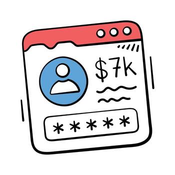 Dashboard window showing user profile and revenue, account login doodle icon vector