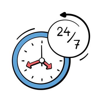 Clock icon showing 24, 7 ecommerce support and online availability vector