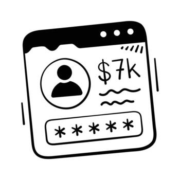 Dashboard window showing user profile and revenue, account login doodle icon. vector