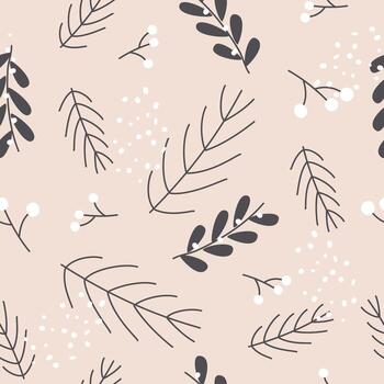 Christmas pattern with spruce or pine branches, juniper with berries, on beige background vector